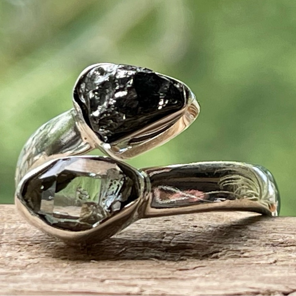 Genuine Elite Shungite & Herkimer Diamond Adjustable Sterling Silver Ring